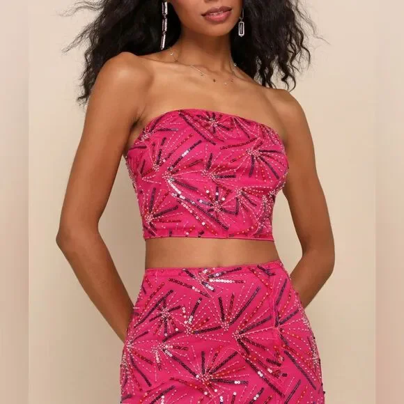 cyberpunk fashion dress Metallic Short Strapless A-line Dress by Poly USA 9744 L / Magenta